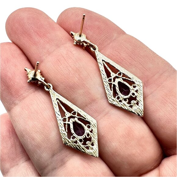 Vintage 10K Yellow Gold Amethyst Pierced Chandelier 1.5 Inch Earrings 4.5 Grams - Picture 4 of 4